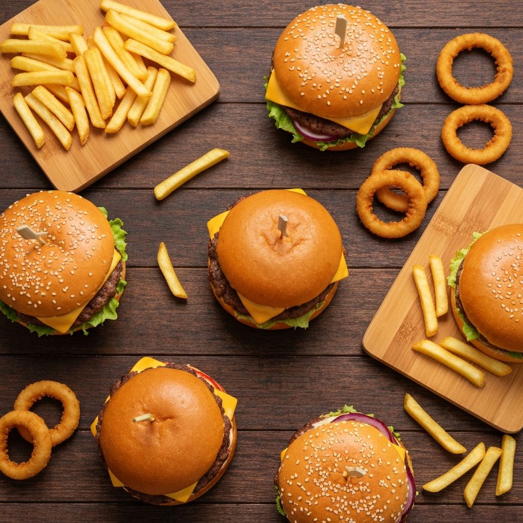 Deliciosos hambúrgueres e acompanhamentos